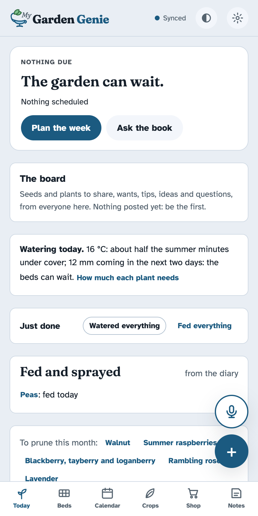 My Garden Genie's Today page on a phone: the one thing to do, the week's weather, and what is coming in